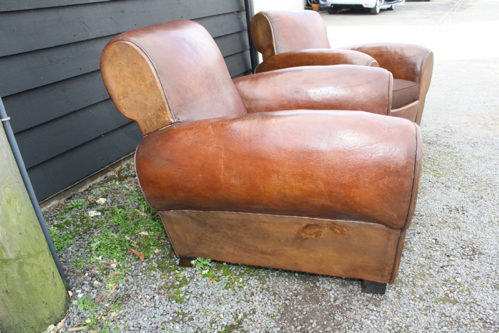 Pair of French leather Club chairs circa 1920 View VI
