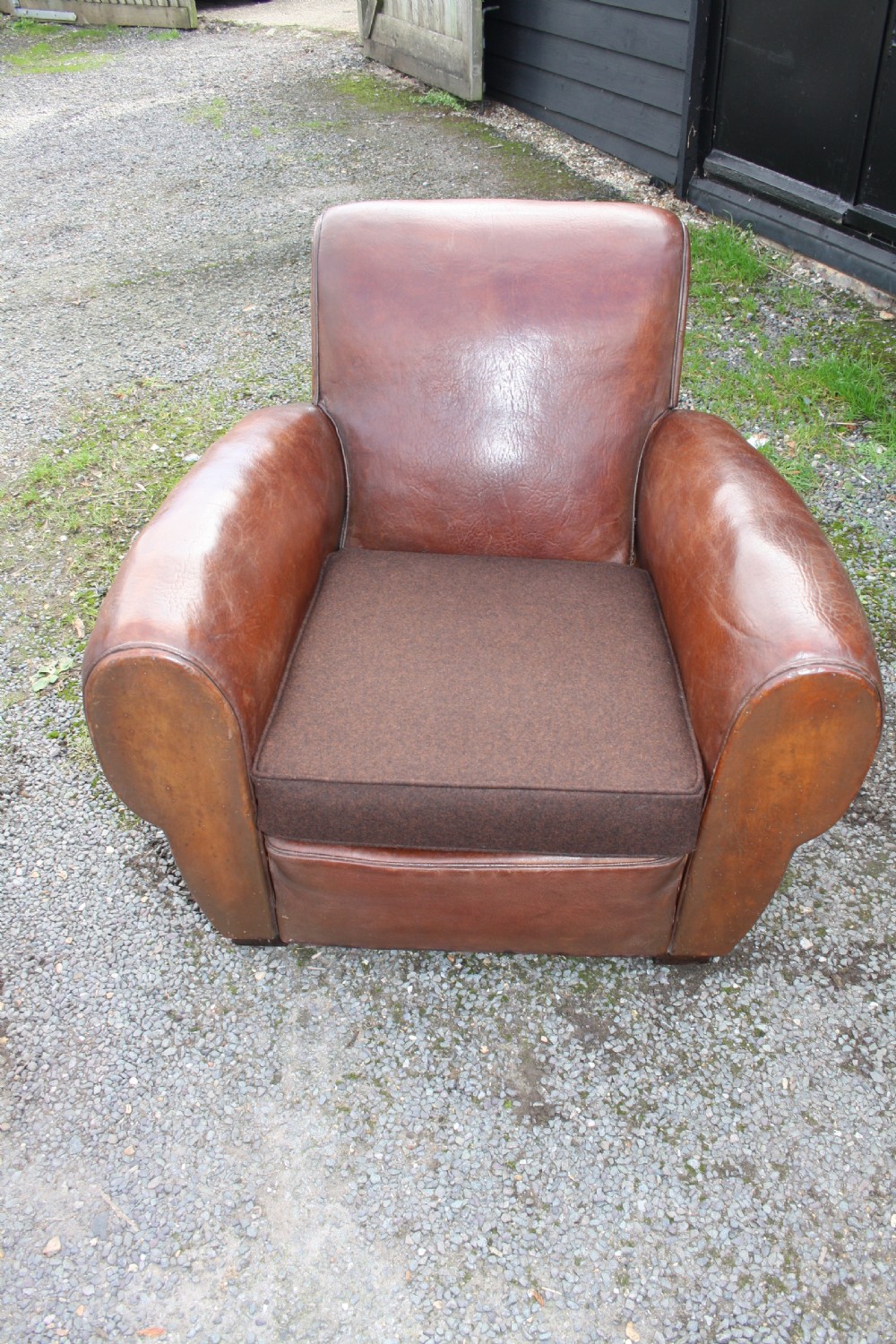Pair of French leather Club chairs circa 1920 View XI