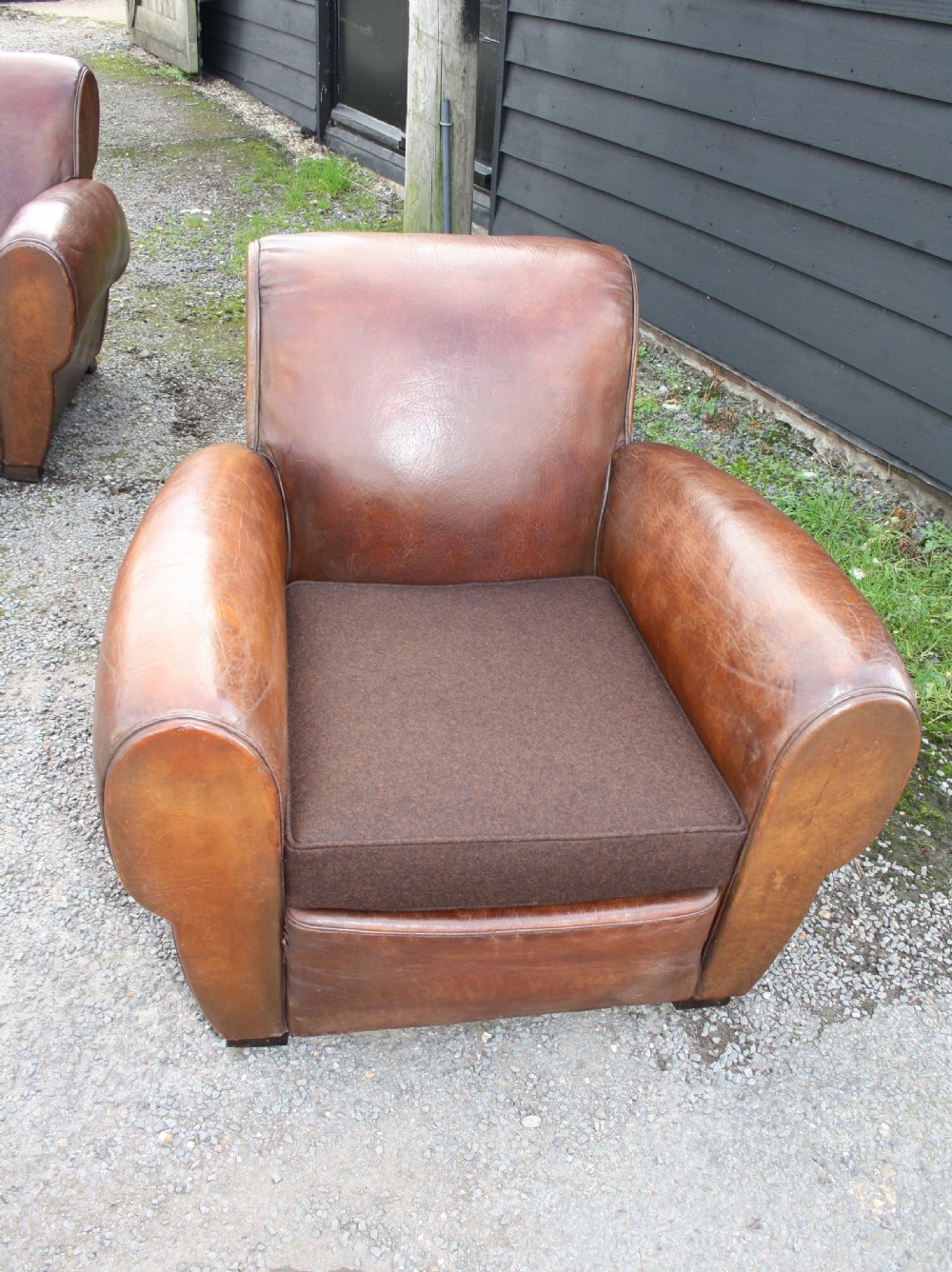 Pair of French leather Club chairs circa 1920 View XIII