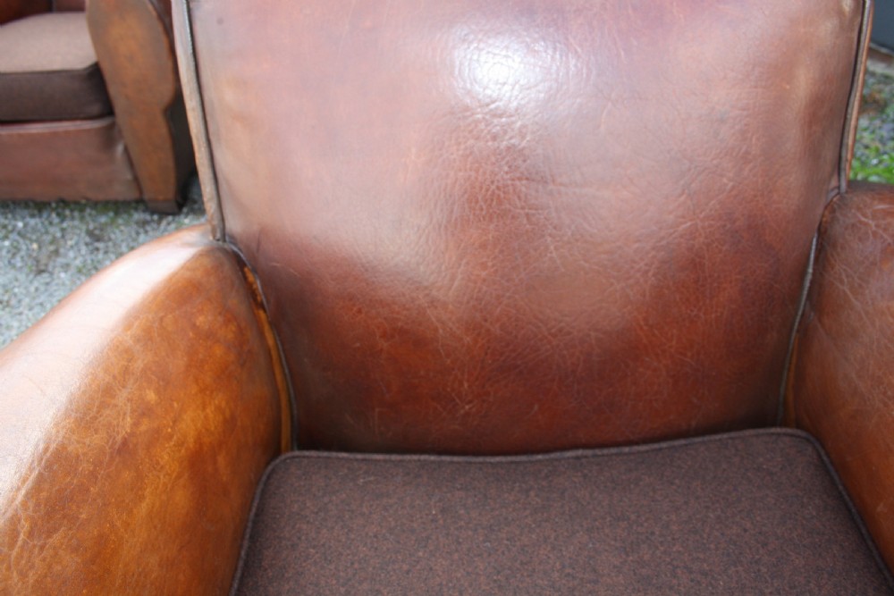 Pair of French leather Club chairs circa 1920 View XIV