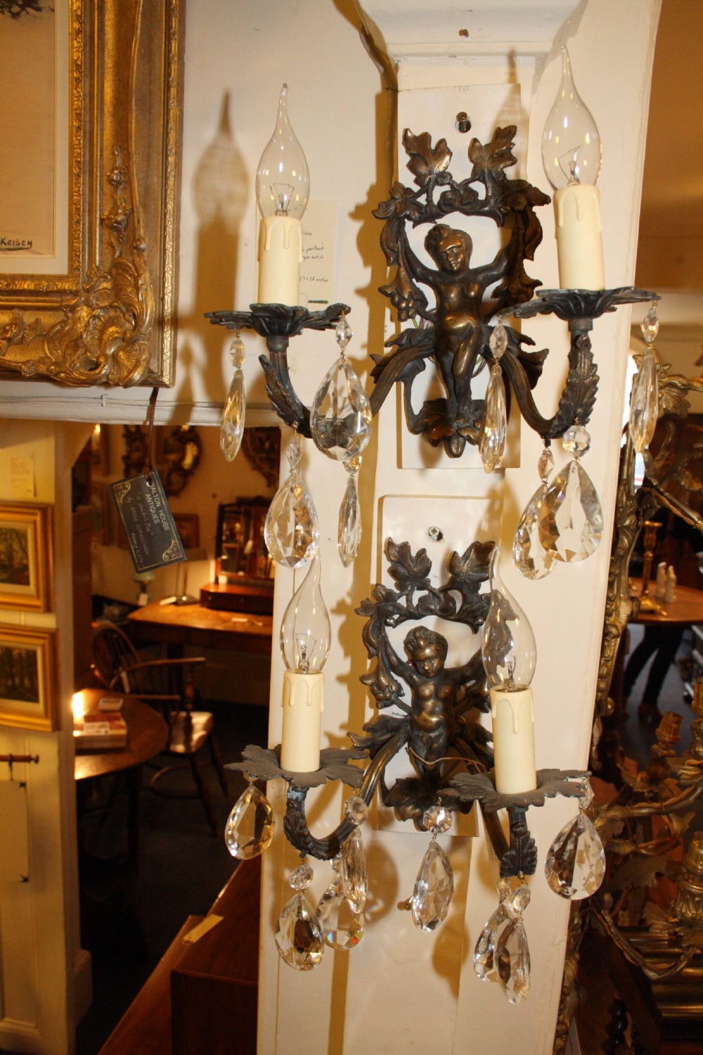 Pair of early 20th century french wall lights with cherubs