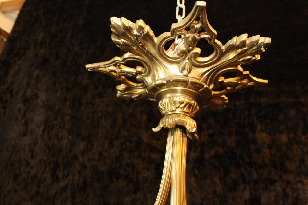 Early 20th century three arm chandelier with glass shades View VII