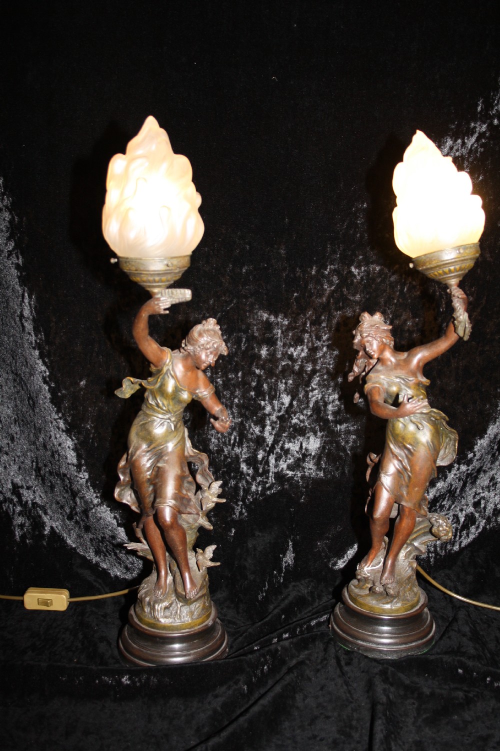 Pair of late 19th century spelter lamps with glass shades View IX