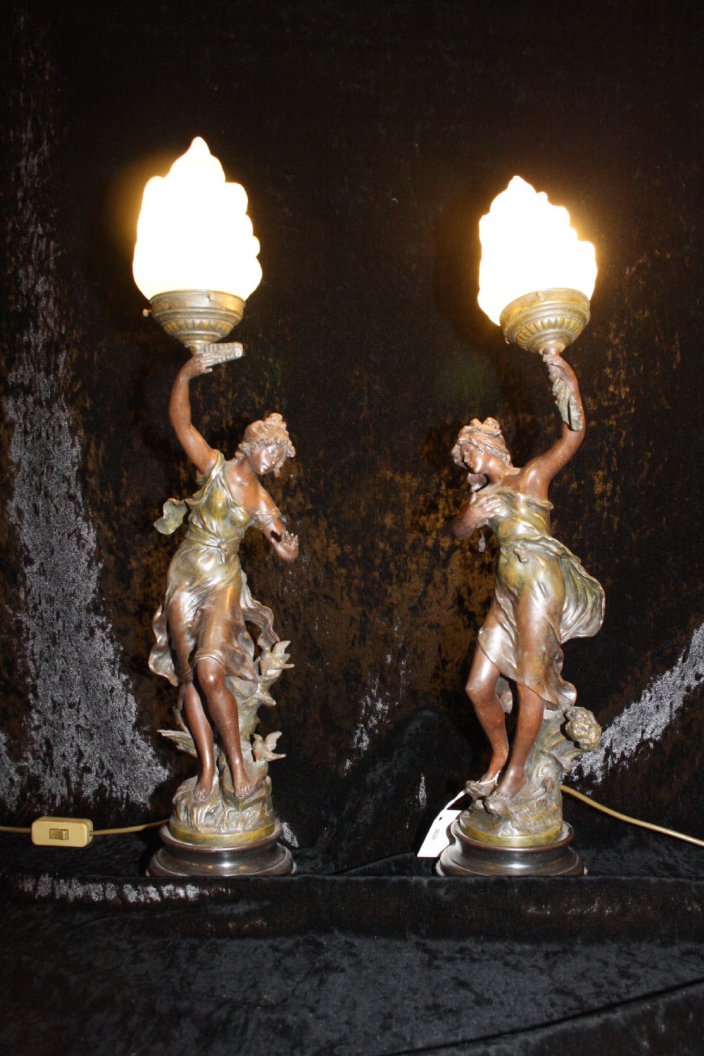 Pair of late 19th century spelter lamps with glass shades View X