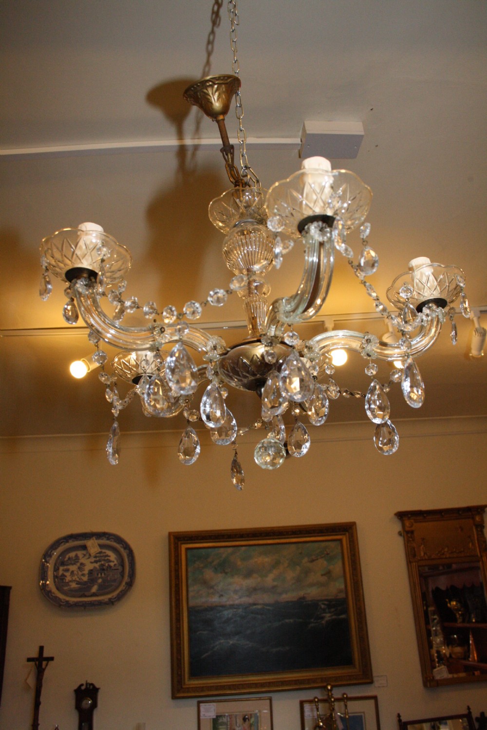 Pair of five arm cut glass chandeliers View II