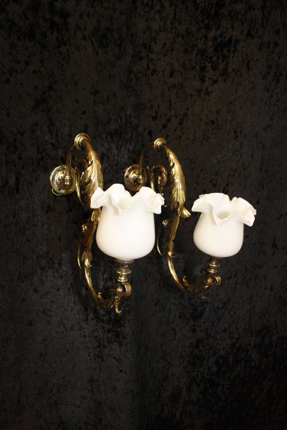 Pair of Brass wall lights with glass shades
