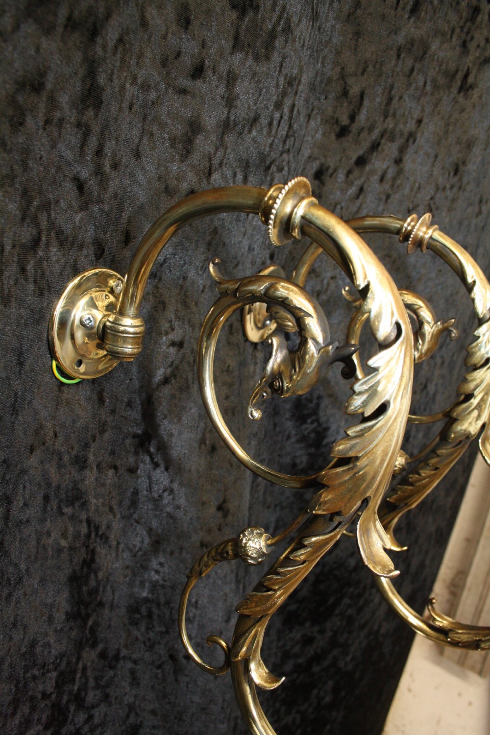 Pair of Brass wall lights with glass shades View II