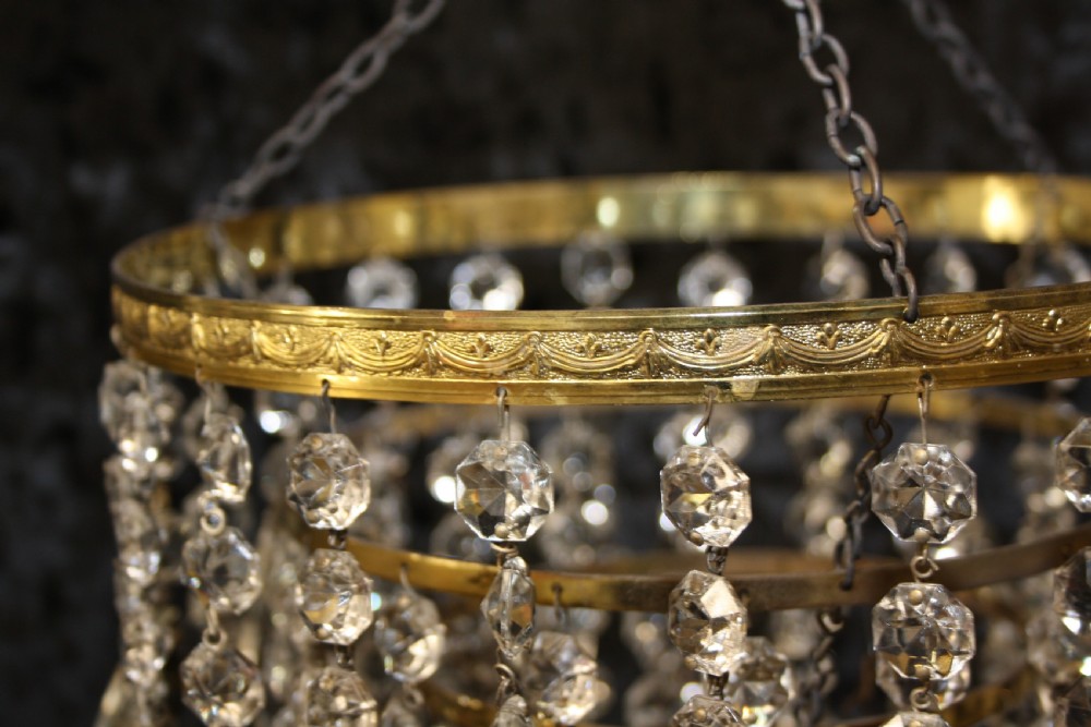 Gilt brass chandelier with unusually large drips to the top. View II