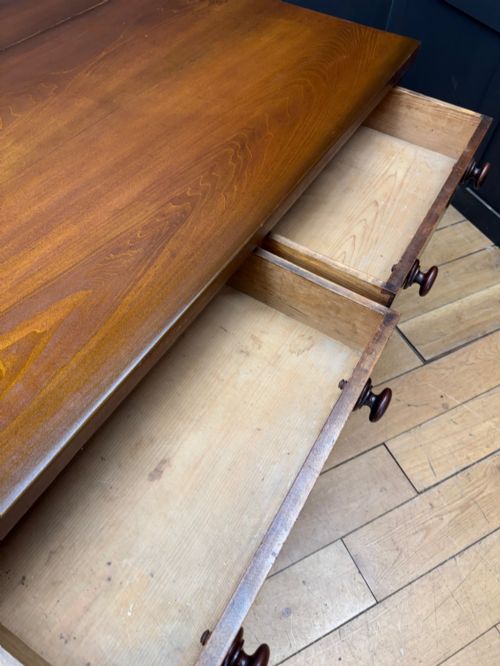 fig 5. A Victorian mahogany writing table featuring two front drawers with wooden turned knobs, four turned legs, and a drop-leaf panel.