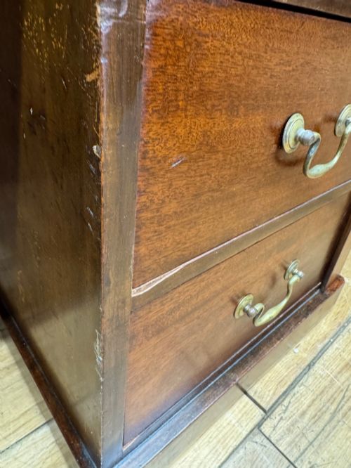 fig 2. An antique mahogany pedestal desk featuring three frieze drawers, twin drawer pedestals with brass drop handles, and a solid plinth base.