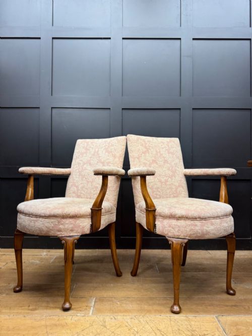 Pair Antique Pink Upholstered Bedroom Armchairs Chairs