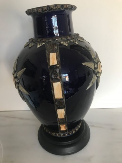 MOROCCAN TERRACOTTA COBALT BLUE GLAZED VASE SILVER CABOCHONS MOUNTS - ADDITIONAL PHOTO 5
