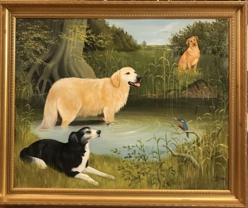 DOG PAINTING LABRADOR BORDER COLLIE GOLDEN RETRIEVER OIL ON CANVAS