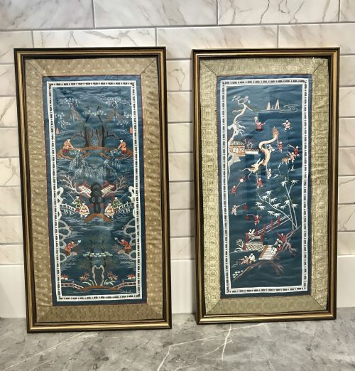 CHINESE SILK EMBROIDERY HAND SEWN PANELS UNDER GLASS SILK SEWN FIGURES DRAGONS TREES FLOWERS