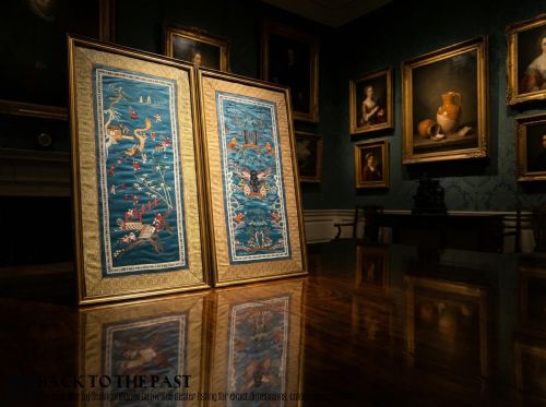 CHINESE SILK EMBROIDERY HAND SEWN PANELS UNDER GLASS SILK SEWN FIGURES DRAGONS TREES FLOWERS - ADDITIONAL PHOTO 1