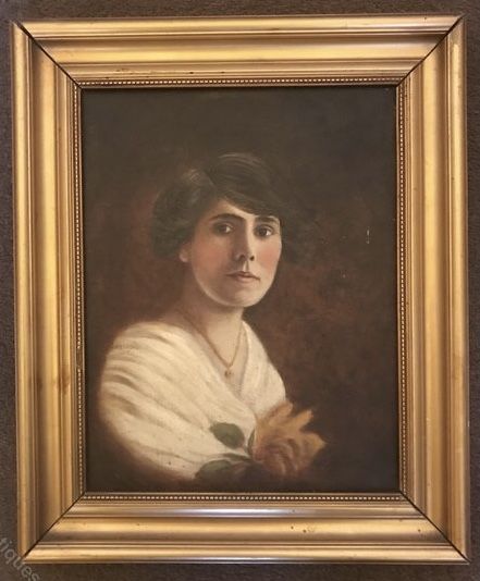 OIL PORTRAIT OF YOUNG LADY HOLDING YELLOW ROSE PAINTING