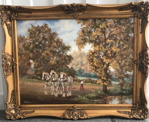 OIL PAINTING HORSES PLOUGHING FARMERS FIELD RURAL LANDSCAPE GREY SHIRE HORSE PORTRAITS