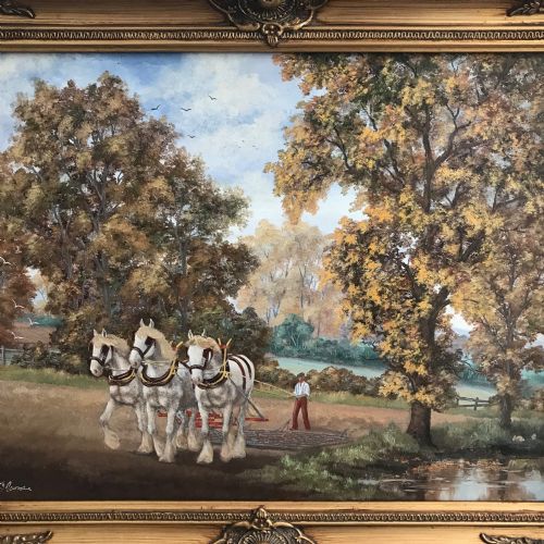 OIL PAINTING HORSES PLOUGHING FARMERS FIELD RURAL LANDSCAPE GREY SHIRE HORSE PORTRAITS - ADDITIONAL PHOTO 2