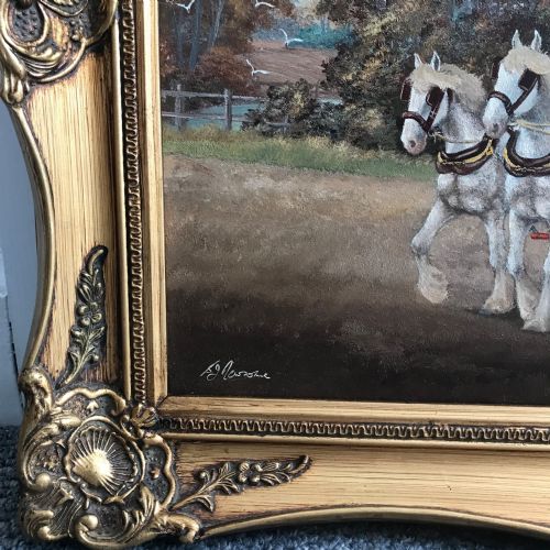OIL PAINTING HORSES PLOUGHING FARMERS FIELD RURAL LANDSCAPE GREY SHIRE HORSE PORTRAITS - ADDITIONAL PHOTO 3