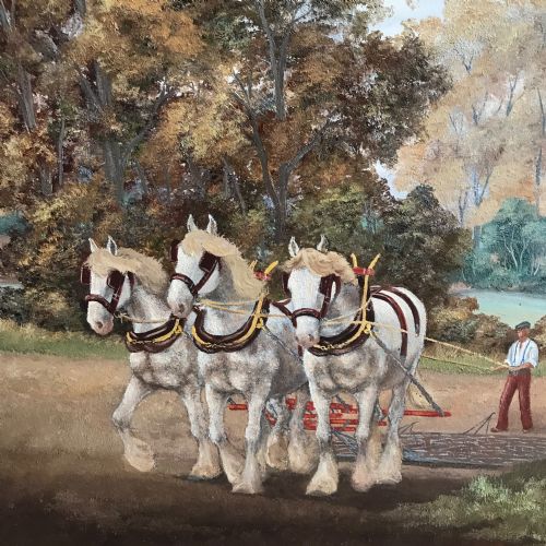 OIL PAINTING HORSES PLOUGHING FARMERS FIELD RURAL LANDSCAPE GREY SHIRE HORSE PORTRAITS - ADDITIONAL PHOTO 4
