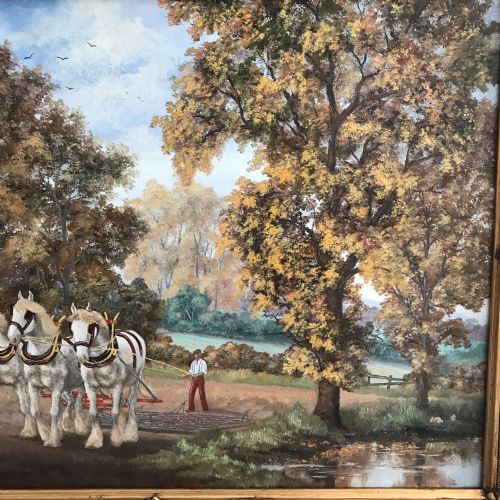 OIL PAINTING HORSES PLOUGHING FARMERS FIELD RURAL LANDSCAPE GREY SHIRE HORSE PORTRAITS - ADDITIONAL PHOTO 6