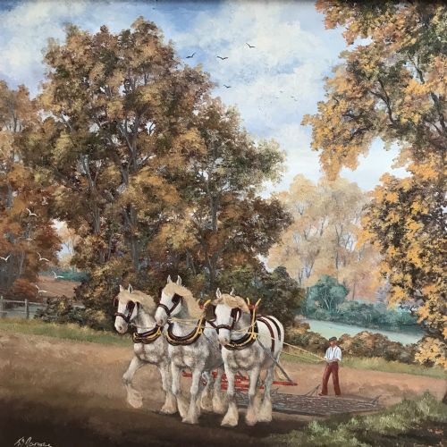 OIL PAINTING HORSES PLOUGHING FARMERS FIELD RURAL LANDSCAPE GREY SHIRE HORSE PORTRAITS - ADDITIONAL PHOTO 7