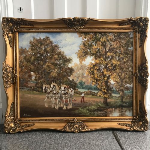 OIL PAINTING HORSES PLOUGHING FARMERS FIELD RURAL LANDSCAPE GREY SHIRE HORSE PORTRAITS - ADDITIONAL PHOTO 8
