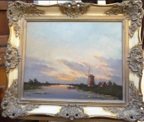 HOLLAND WINDMILL OIL PAINTING AT SUNSET RIVER LANDSCAPE