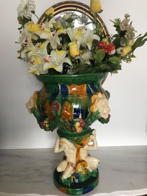 HUGE MAJOLICA CERAMIC PLANTER ON FIGURAL BASE STAND WITH LIONS HEAD DECORATION FROM ITALY - ADDITIONAL PHOTO 16
