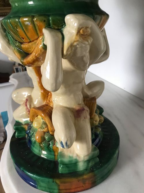 HUGE MAJOLICA CERAMIC PLANTER ON FIGURAL BASE STAND WITH LIONS HEAD DECORATION FROM ITALY - ADDITIONAL PHOTO 8