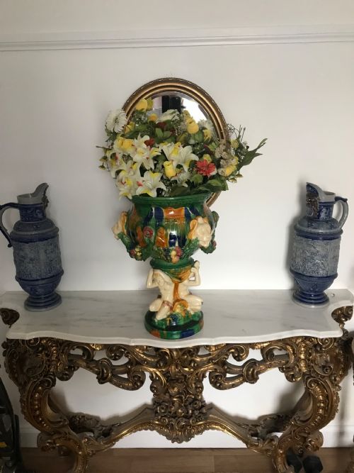 HUGE MAJOLICA CERAMIC PLANTER ON FIGURAL BASE STAND WITH LIONS HEAD DECORATION FROM ITALY - ADDITIONAL PHOTO 10