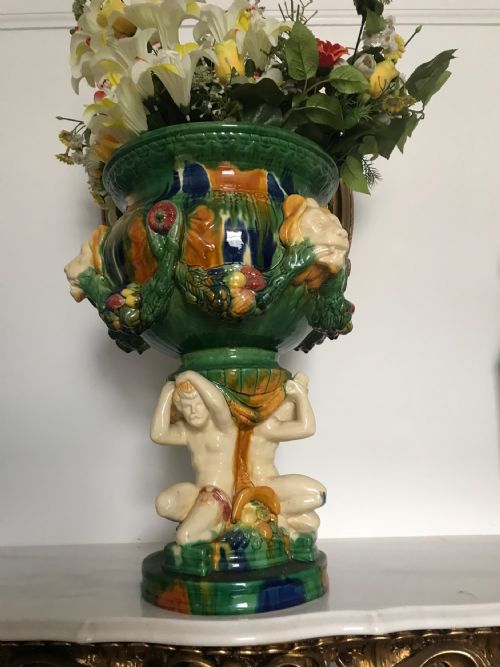 HUGE MAJOLICA CERAMIC PLANTER ON FIGURAL BASE STAND WITH LIONS HEAD DECORATION FROM ITALY