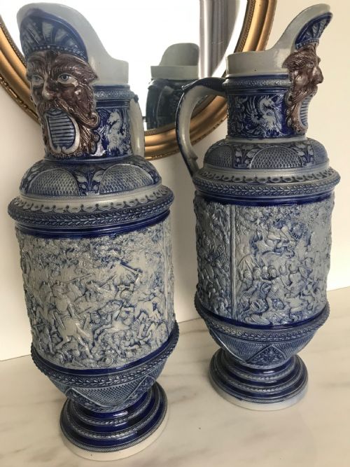 GERMAN WESTERWALD SALT GLAZED STONEWARE PITCHER JUGS COBALT BLUE WITH ROMAN BATTLE SCENES BY MAKER SIMON PETER GERZ - ADDITIONAL PHOTO 1