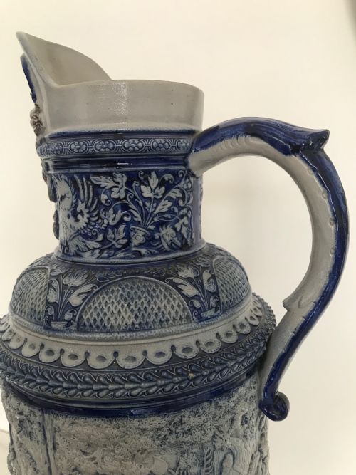 GERMAN WESTERWALD SALT GLAZED STONEWARE PITCHER JUGS COBALT BLUE WITH ROMAN BATTLE SCENES BY MAKER SIMON PETER GERZ - ADDITIONAL PHOTO 2