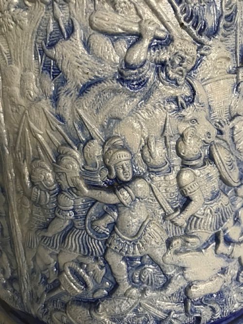 GERMAN WESTERWALD SALT GLAZED STONEWARE PITCHER JUGS COBALT BLUE WITH ROMAN BATTLE SCENES BY MAKER SIMON PETER GERZ - ADDITIONAL PHOTO 3