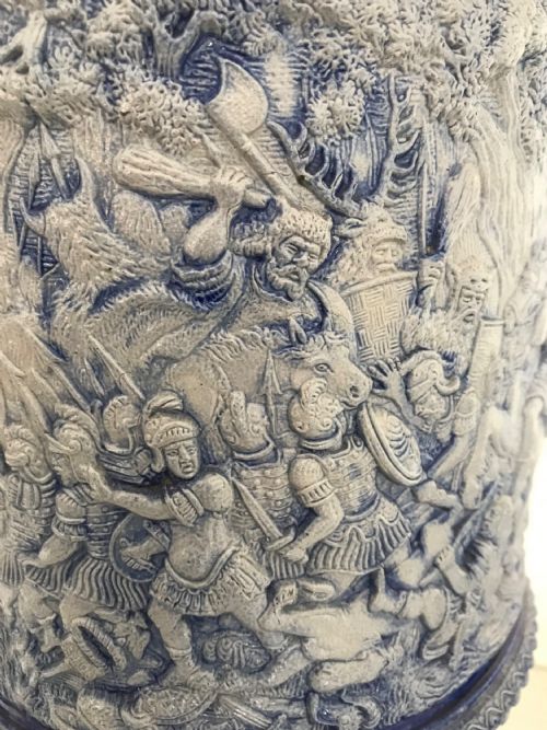 GERMAN WESTERWALD SALT GLAZED STONEWARE PITCHER JUGS COBALT BLUE WITH ROMAN BATTLE SCENES BY MAKER SIMON PETER GERZ - ADDITIONAL PHOTO 4