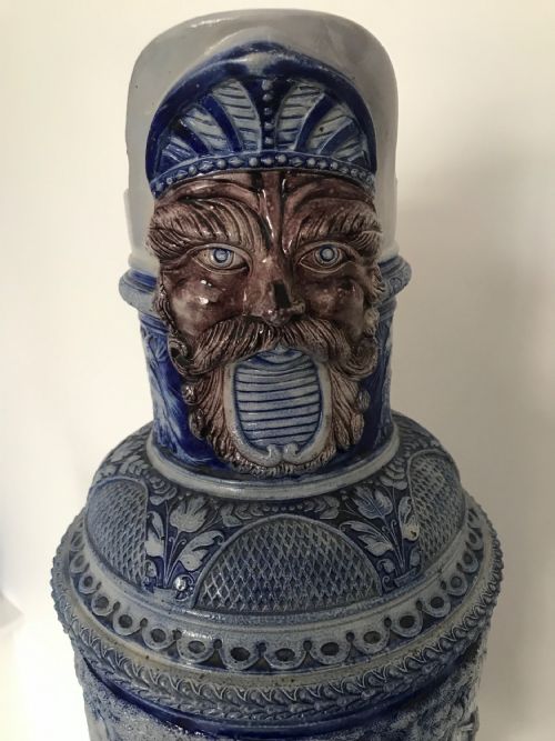 GERMAN WESTERWALD SALT GLAZED STONEWARE PITCHER JUGS COBALT BLUE WITH ROMAN BATTLE SCENES BY MAKER SIMON PETER GERZ - ADDITIONAL PHOTO 5
