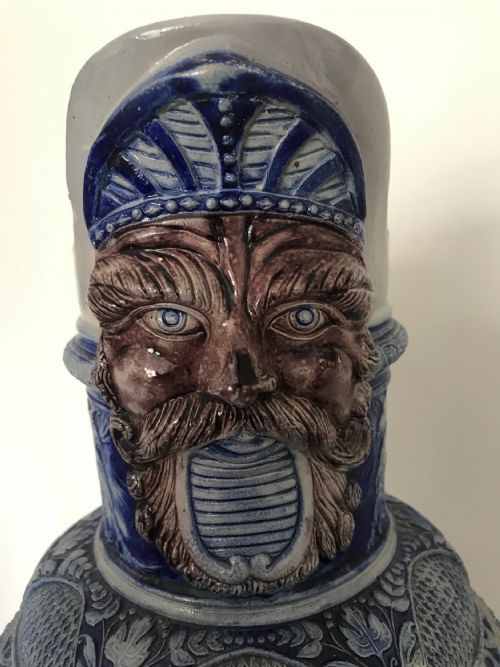 GERMAN WESTERWALD SALT GLAZED STONEWARE PITCHER JUGS COBALT BLUE WITH ROMAN BATTLE SCENES BY MAKER SIMON PETER GERZ - ADDITIONAL PHOTO 6