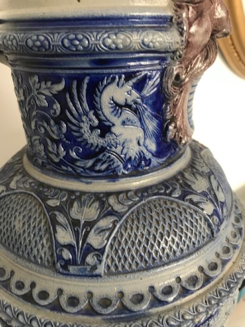 GERMAN WESTERWALD SALT GLAZED STONEWARE PITCHER JUGS COBALT BLUE WITH ROMAN BATTLE SCENES BY MAKER SIMON PETER GERZ - ADDITIONAL PHOTO 7