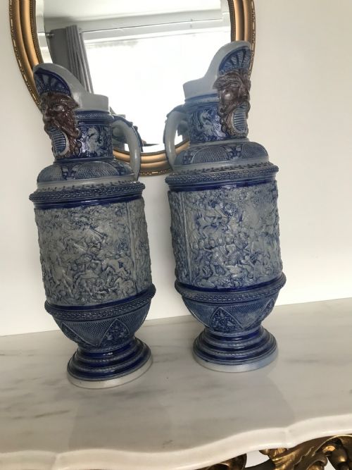 GERMAN WESTERWALD SALT GLAZED STONEWARE PITCHER JUGS COBALT BLUE WITH ROMAN BATTLE SCENES BY MAKER SIMON PETER GERZ - ADDITIONAL PHOTO 8