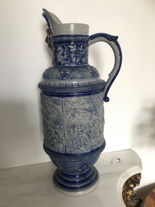 GERMAN WESTERWALD SALT GLAZED STONEWARE PITCHER JUGS COBALT BLUE WITH ROMAN BATTLE SCENES BY MAKER SIMON PETER GERZ - ADDITIONAL PHOTO 13