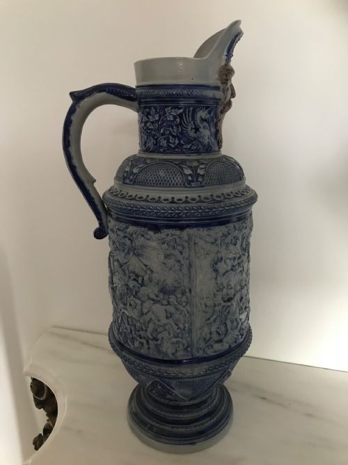 GERMAN WESTERWALD SALT GLAZED STONEWARE PITCHER JUGS COBALT BLUE WITH ROMAN BATTLE SCENES BY MAKER SIMON PETER GERZ - ADDITIONAL PHOTO 14