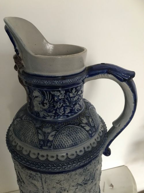 GERMAN WESTERWALD SALT GLAZED STONEWARE PITCHER JUGS COBALT BLUE WITH ROMAN BATTLE SCENES BY MAKER SIMON PETER GERZ - ADDITIONAL PHOTO 15