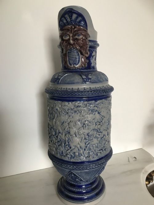 GERMAN WESTERWALD SALT GLAZED STONEWARE PITCHER JUGS COBALT BLUE WITH ROMAN BATTLE SCENES BY MAKER SIMON PETER GERZ - ADDITIONAL PHOTO 16