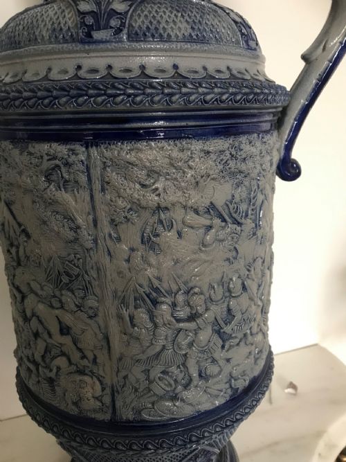 GERMAN WESTERWALD SALT GLAZED STONEWARE PITCHER JUGS COBALT BLUE WITH ROMAN BATTLE SCENES BY MAKER SIMON PETER GERZ - ADDITIONAL PHOTO 17
