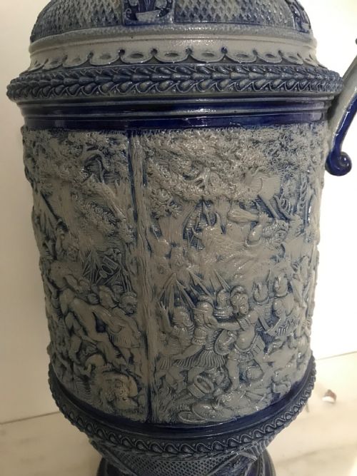 GERMAN WESTERWALD SALT GLAZED STONEWARE PITCHER JUGS COBALT BLUE WITH ROMAN BATTLE SCENES BY MAKER SIMON PETER GERZ - ADDITIONAL PHOTO 18
