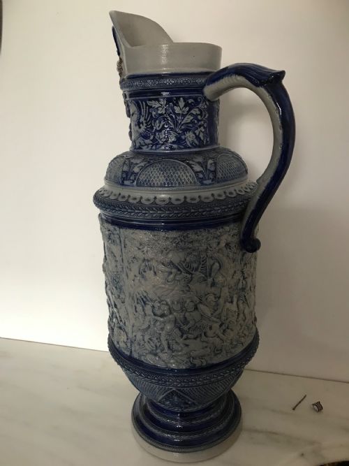 GERMAN WESTERWALD SALT GLAZED STONEWARE PITCHER JUGS COBALT BLUE WITH ROMAN BATTLE SCENES BY MAKER SIMON PETER GERZ - ADDITIONAL PHOTO 20