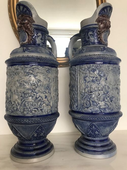 GERMAN WESTERWALD SALT GLAZED STONEWARE PITCHER JUGS COBALT BLUE WITH ROMAN BATTLE SCENES BY MAKER SIMON PETER GERZ - ADDITIONAL PHOTO 21