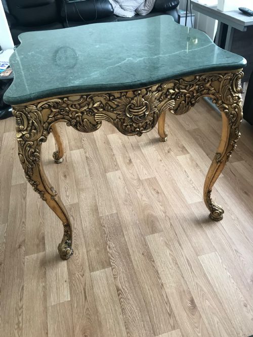 LARGE HEAVY FRENCH GAMES OCCASIONAL TABLE WITH SOLID GREEN MARBLE POLISHED TOP - ADDITIONAL PHOTO 1