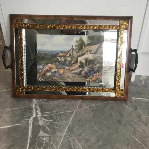 ART DECO MIRRORED GLASS TRAY WITH WALNUT VENEER - ADDITIONAL PHOTO 1